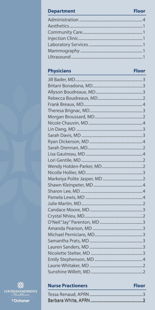 Graphic showing physician floors at Louisiana Women's Healthcare in Baton Rouge, Louisiana